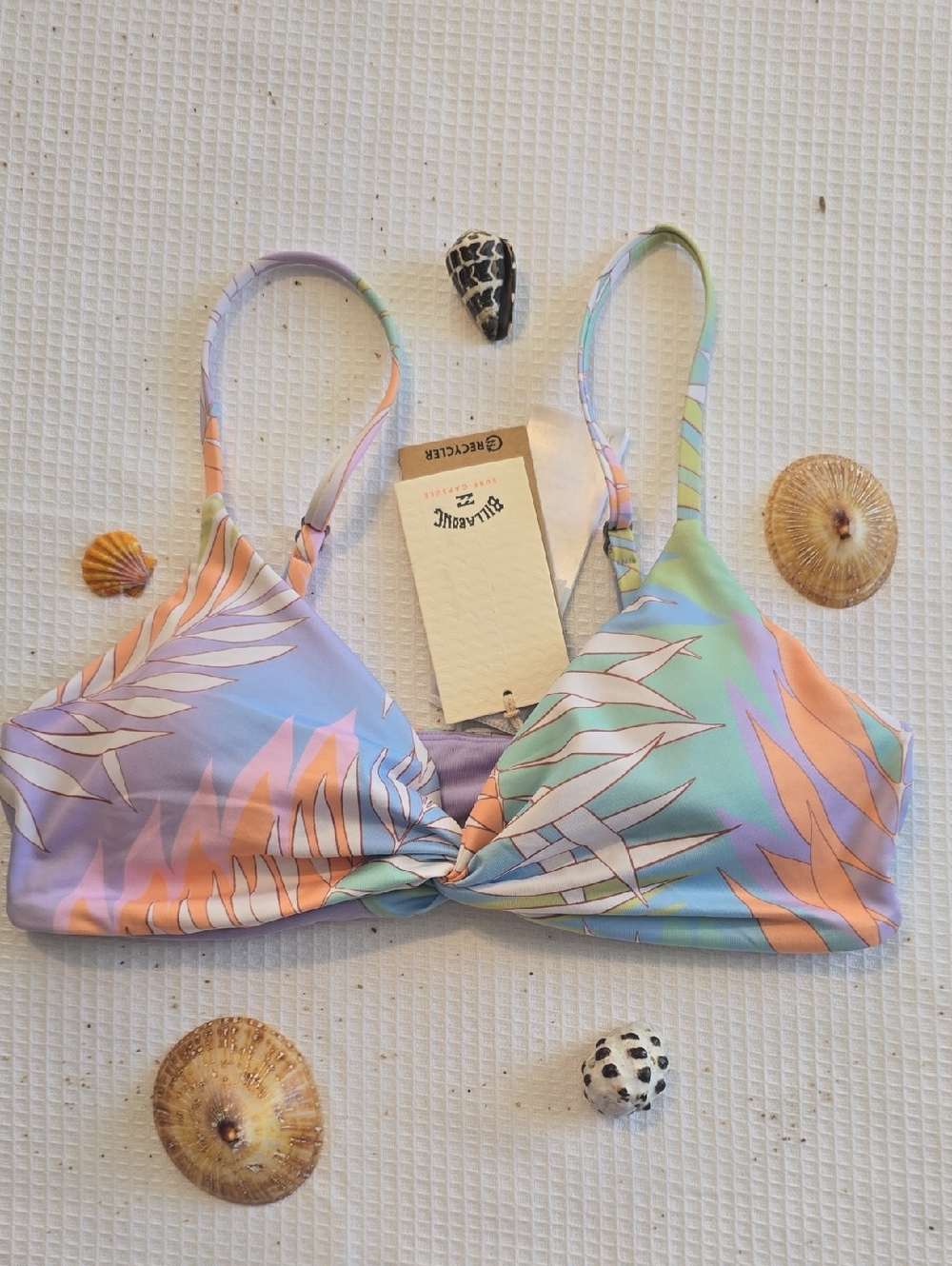 Billabong Tropical Leaf Print Bikini Top in Lavender, Mint & Peach